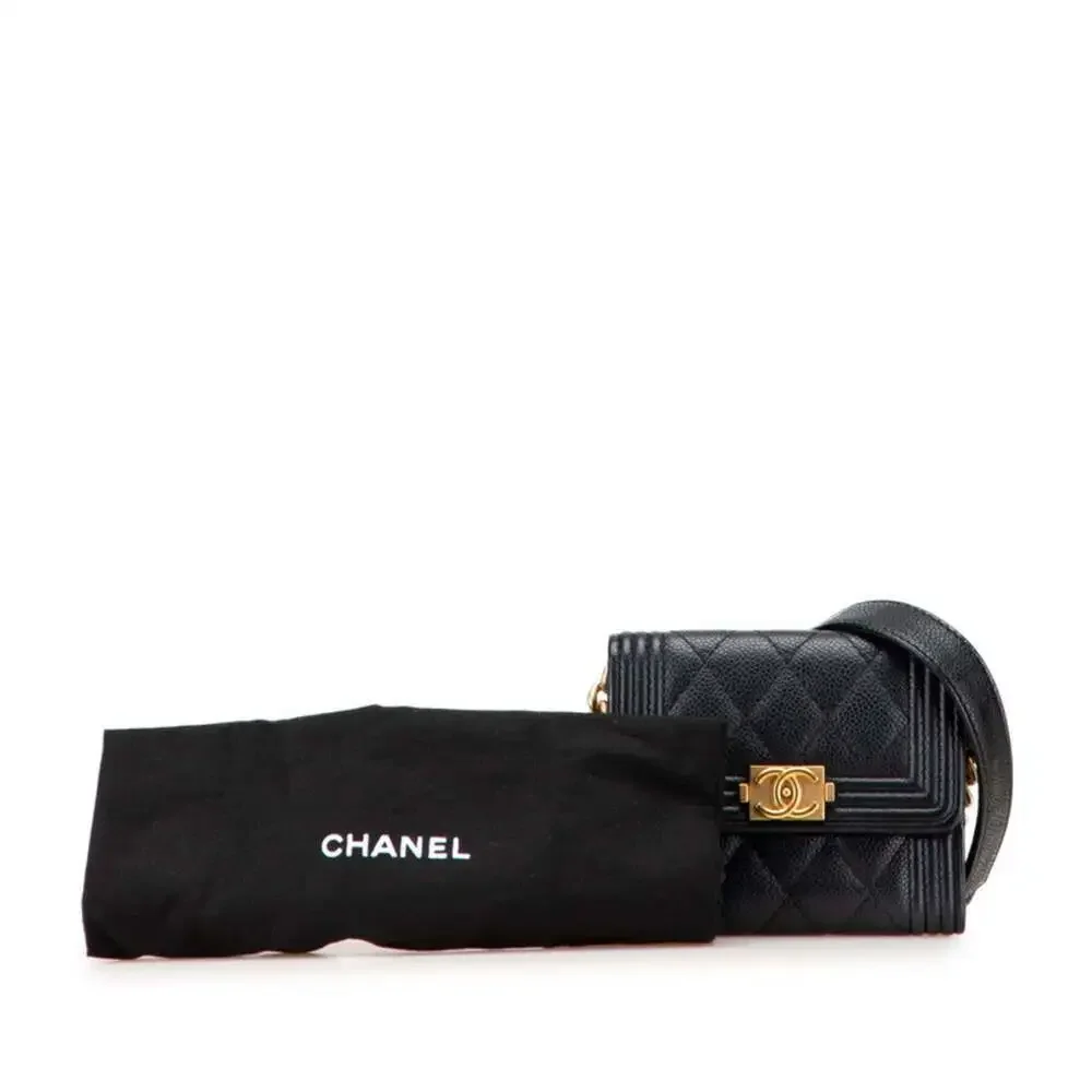 CHANEL Authentic Black Caviar Leather Logo Wallet